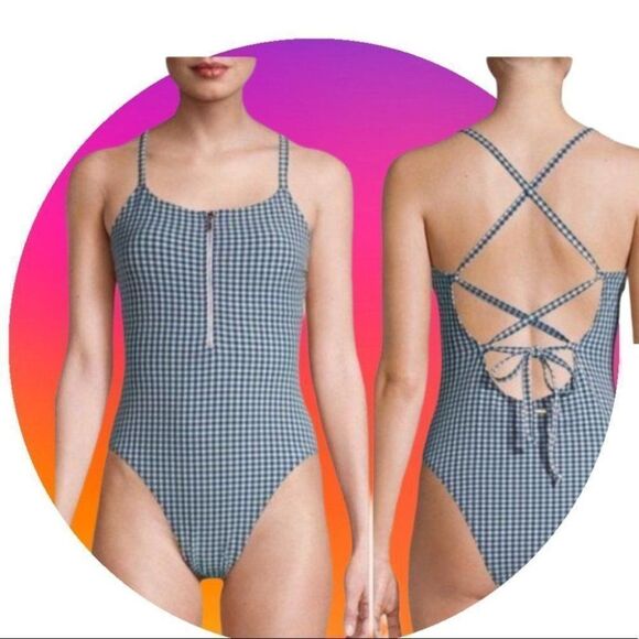 Juicy Couture Other - Juicy Couture WMNS L Blue Gingham One Piece Zip Up Swimsuit Open Back Classic